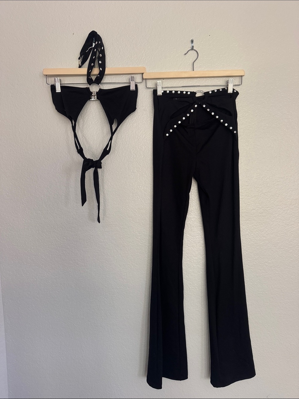 Black Studded Flare Pants with Decorative Waist Detail